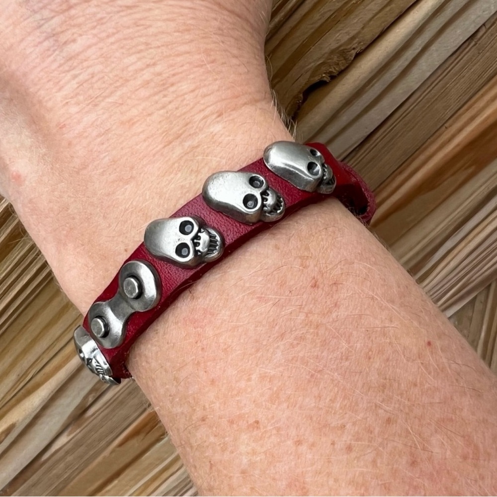- Red Leather Pewter Skull Cuff! NEW!